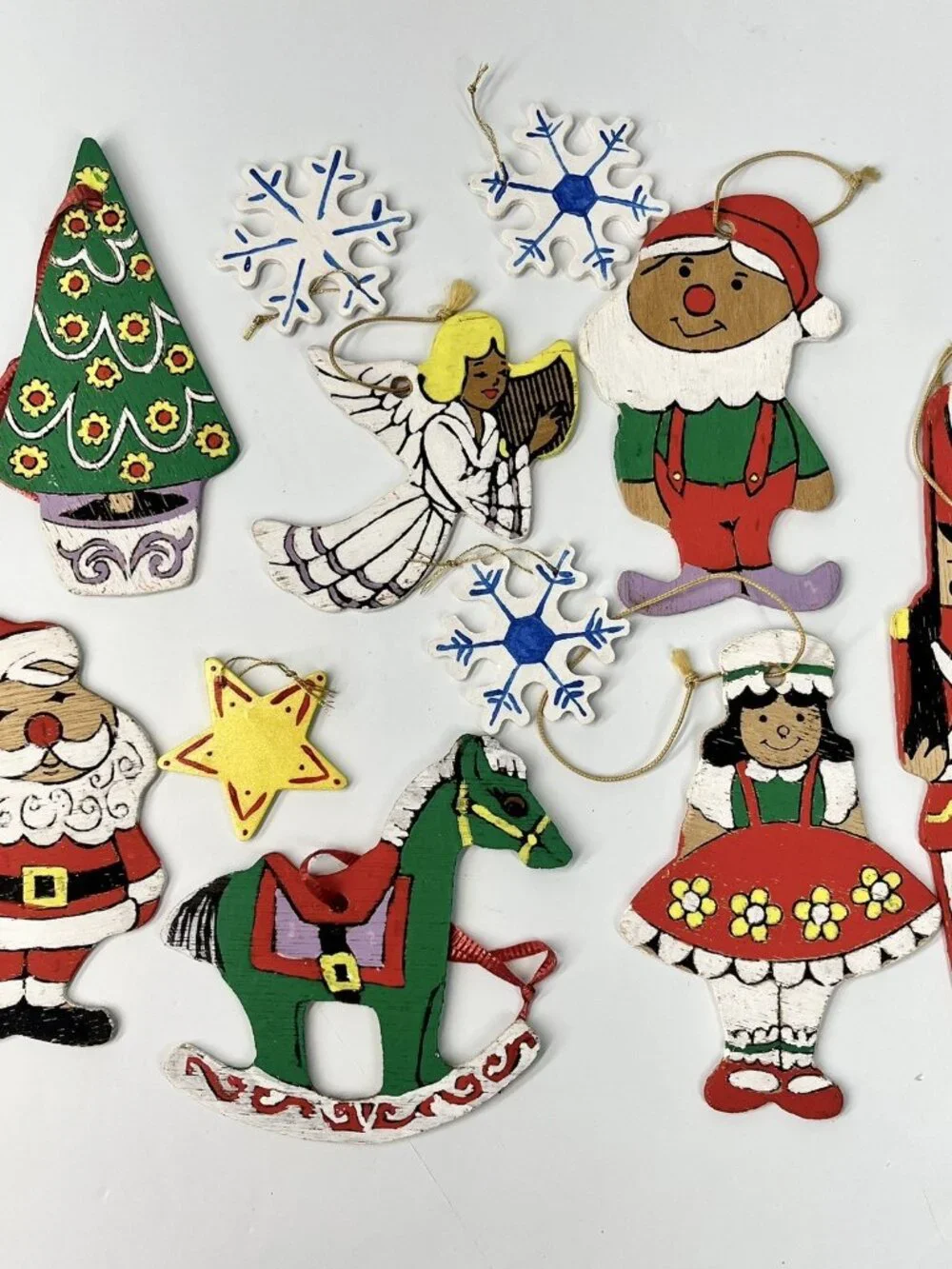 VTG Lot of 11 Hand Painted Flat Wooden Christmas Ornaments Santa Angel Elf Tree